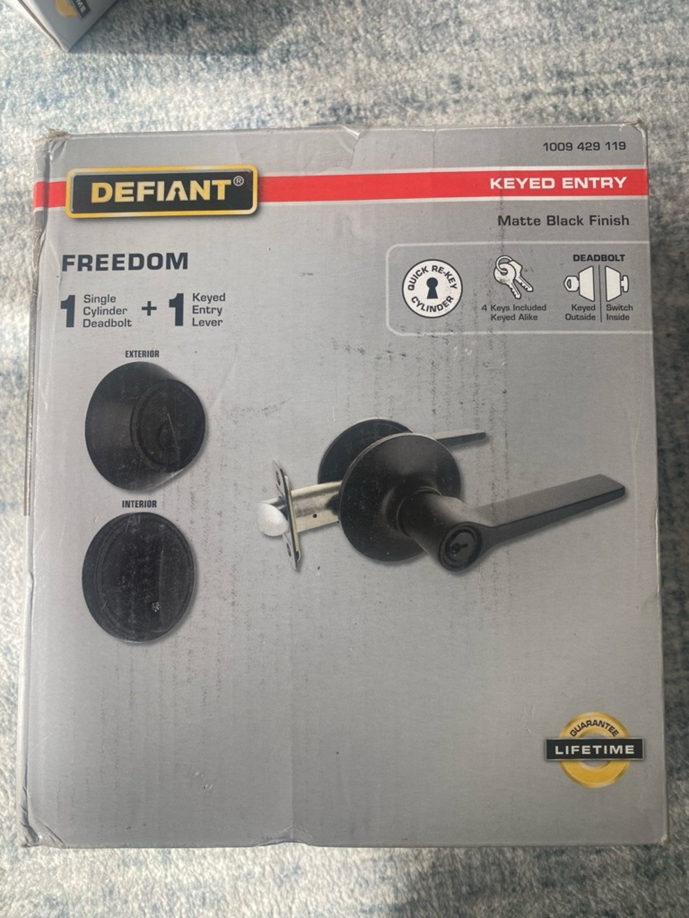 Defiant Freedom Matte Black Keyed Entry Lever single cylinder deadbolt